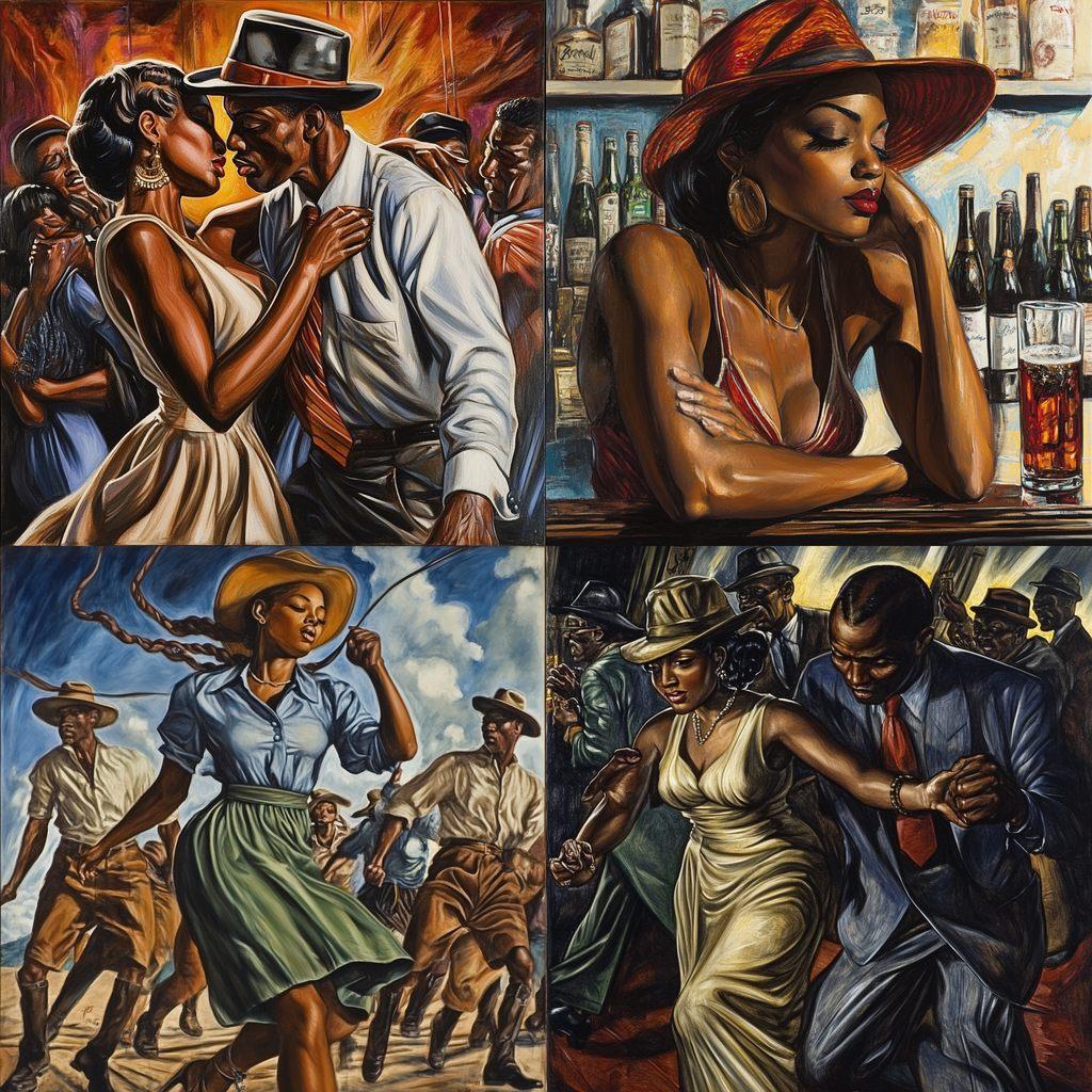 Ernie Barnes style, Midjourney V6.1, render 1 of 4
