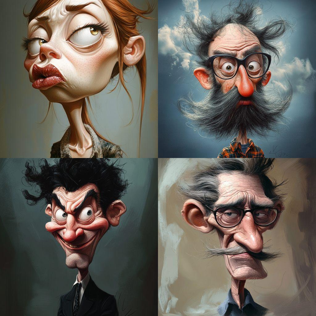 Extreme caricature style, Midjourney V6.1, render 1 of 4