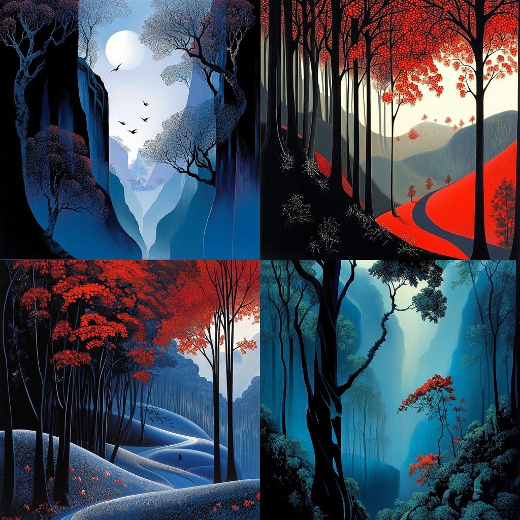 Eyvind Earle style, Midjourney V6.1, render 1 of 4