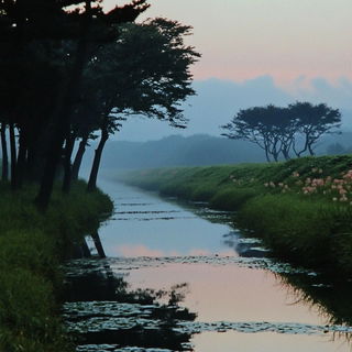 Obsidianarch style, Midjourney V6.1: realistic landscape photograph of quiet dawn