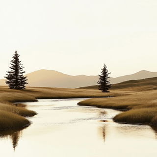 Inkaria style, Midjourney V6.1: realistic landscape photograph of quiet dawn