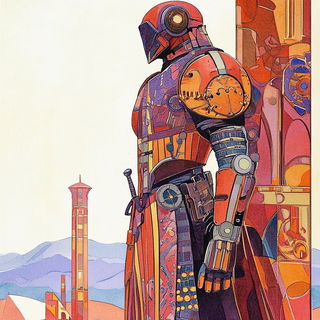 Toriichromia style, Midjourney V6.1: concept art character design of retropunk steam knight