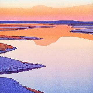 Toriichromia style, Midjourney V6.1: realistic landscape photograph of quiet dawn