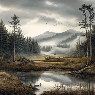 Enamellune style, Midjourney V6.1: realistic landscape photograph of quiet dawn