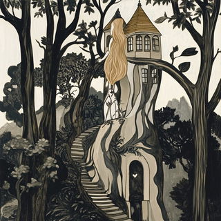 Electrum Cloudstairs style, Midjourney V6.1: retro fairy-tale illustration