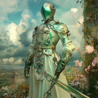 Rose Window Thresholds style, Midjourney V6.1: concept art character design of retropunk steam knight