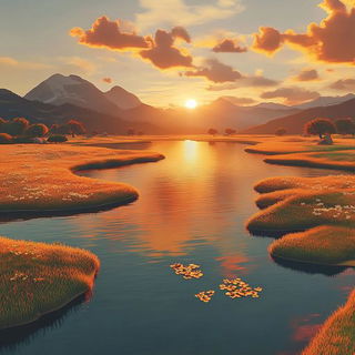 Geomantle style, Midjourney V6.1: realistic landscape photograph of quiet dawn