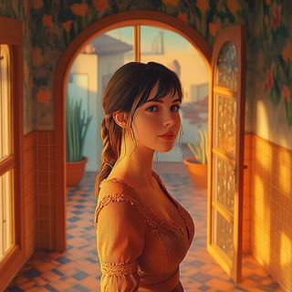 Geomantle style, Midjourney V6.1: photographic portrait of female protagonist