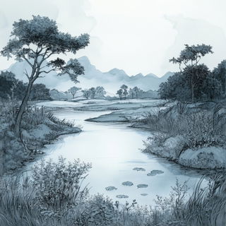 Contourclade style, Midjourney V6.1: realistic landscape photograph of quiet dawn