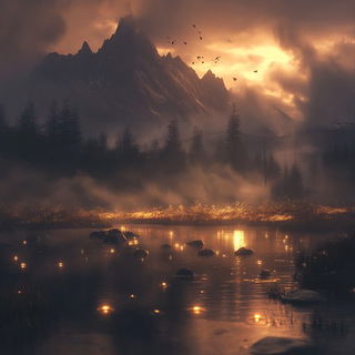 Confetti Terrain style, Midjourney V6.1: realistic landscape photograph of quiet dawn