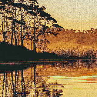 Inkroot Palimpsest style, Midjourney V6.1: realistic landscape photograph of quiet dawn