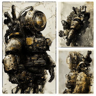 Flytower Marginalia style, Midjourney V6.1: concept art character design of retropunk steam knight