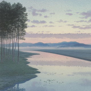 Aigrette Divisionism style, Midjourney V6.1: realistic landscape photograph of quiet dawn