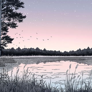 Copystrata style, Midjourney V6.1: realistic landscape photograph of quiet dawn