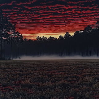 Batikubism style, Midjourney V6.1: realistic landscape photograph of quiet dawn