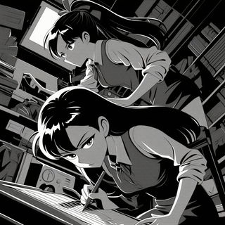 Cliffoburin style, Midjourney V6.1: black-and-white manga comic strip