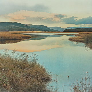 Pilgrimwood Illumination style, Midjourney V6.1: realistic landscape photograph of quiet dawn