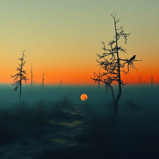 Ruincable style, Midjourney V6.1: realistic landscape photograph of quiet dawn