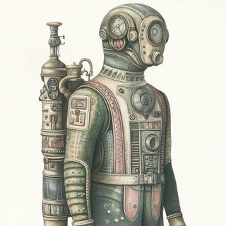 Inkglyphic style, Midjourney V6.1: concept art character design of retropunk steam knight