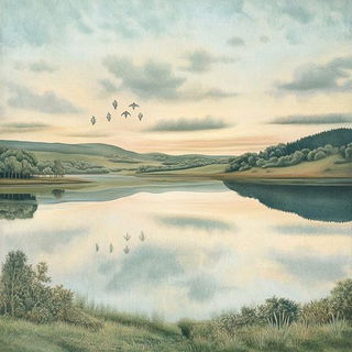 Inkglyphic style, Midjourney V6.1: realistic landscape photograph of quiet dawn