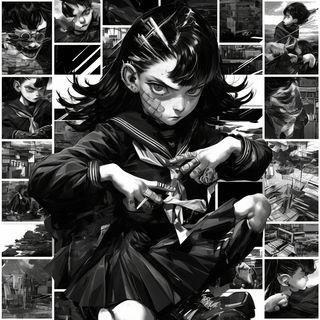 Hushstring style, Midjourney V6.1: black-and-white manga comic strip