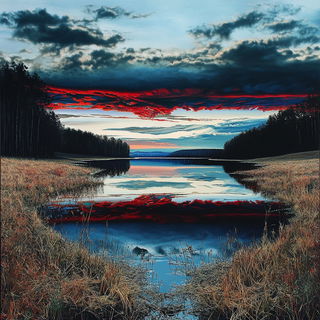 Hushstring style, Midjourney V6.1: realistic landscape photograph of quiet dawn