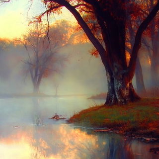 Sootspore style, Midjourney V6.1: realistic landscape photograph of quiet dawn