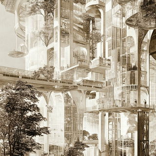 Paintstroke Fablelands style, Midjourney V6.1: megacity with futuristic bioarchitecture