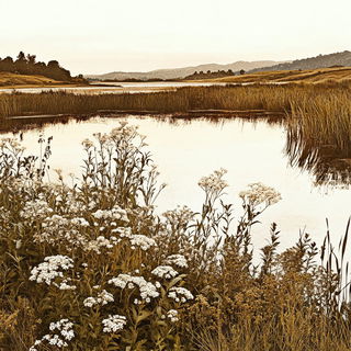 Paintstroke Fablelands style, Midjourney V6.1: realistic landscape photograph of quiet dawn