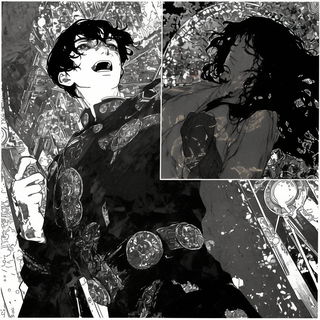 Foliamasonry style, Midjourney V6.1: black-and-white manga comic strip