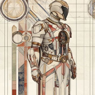 Wirework Chiaroscuro style, Midjourney V6.1: concept art character design of retropunk steam knight