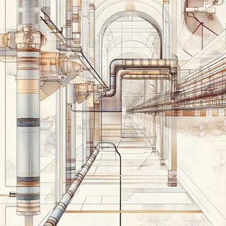 Wirework Chiaroscuro style, Midjourney V6.1: technical infrastructure blueprint schematics