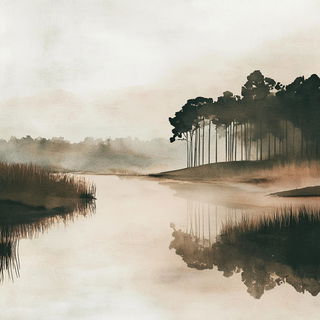 Vitrastorm style, Midjourney V6.1: realistic landscape photograph of quiet dawn
