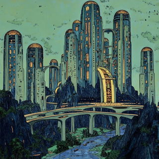 Contourfjord style, Midjourney V6.1: megacity with futuristic bioarchitecture