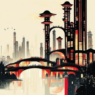 Red Cape Stitchwork style, Midjourney V6.1: megacity with futuristic bioarchitecture