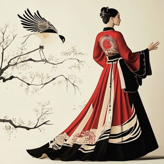Red Cape Stitchwork style, Midjourney V6.1: haute-couture fashion outfit