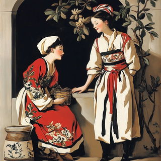 Red Cape Stitchwork style, Midjourney V6.1: classical 18th-century oil painting
