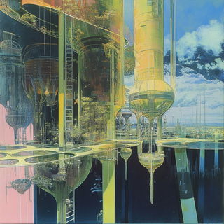 Blue Drum Riso style, Midjourney V6.1: megacity with futuristic bioarchitecture