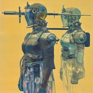 Blue Drum Riso style, Midjourney V6.1: concept art character design of retropunk steam knight
