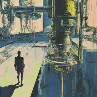 Blue Drum Riso style, Midjourney V6.1: cinematic shot from sci-fi movie