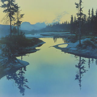 Blue Drum Riso style, Midjourney V6.1: realistic landscape photograph of quiet dawn