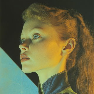 Blue Drum Riso style, Midjourney V6.1: photographic portrait of female protagonist