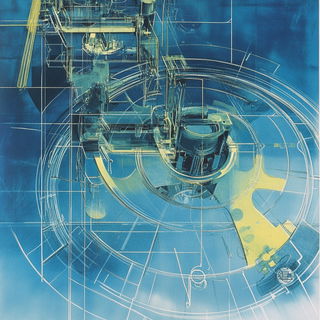 Blue Drum Riso style, Midjourney V6.1: technical infrastructure blueprint schematics