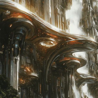 Redthorn Ligature style, Midjourney V6.1: megacity with futuristic bioarchitecture