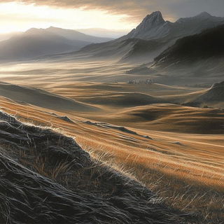 Redthorn Ligature style, Midjourney V6.1: realistic landscape photograph of quiet dawn