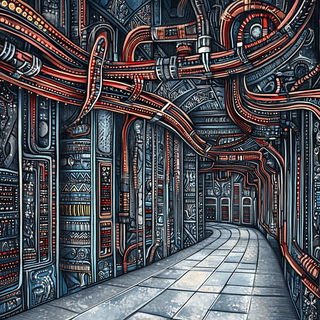 Clockgarden Fantasmach style, Midjourney V6.1: technical infrastructure blueprint schematics