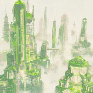 Foliage Naivism style, Midjourney V6.1: megacity with futuristic bioarchitecture