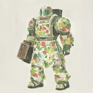 Foliage Naivism style, Midjourney V6.1: concept art character design of retropunk steam knight