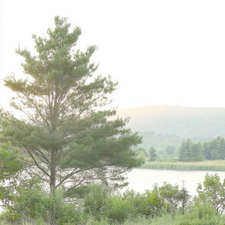 Foliage Naivism style, Midjourney V6.1: realistic landscape photograph of quiet dawn