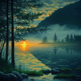 Resinarabesque style, Midjourney V6.1: realistic landscape photograph of quiet dawn